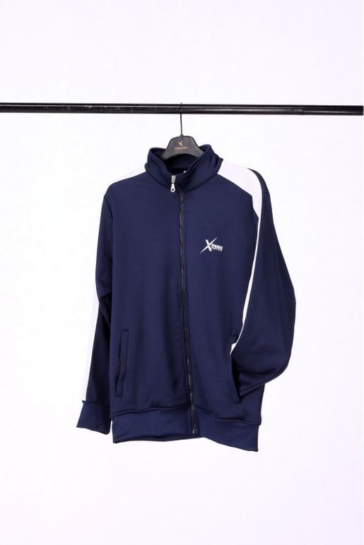 Showing navy tracksuit upper in side, view for men in blue colour with white stripe
