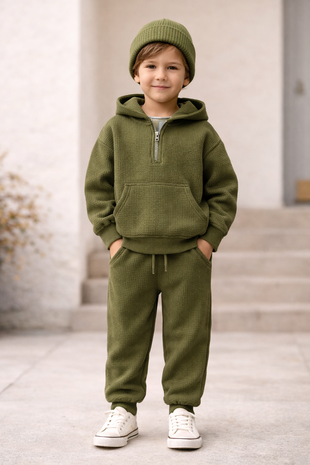 waffle knit kids tracksuit cotton blend lounge set